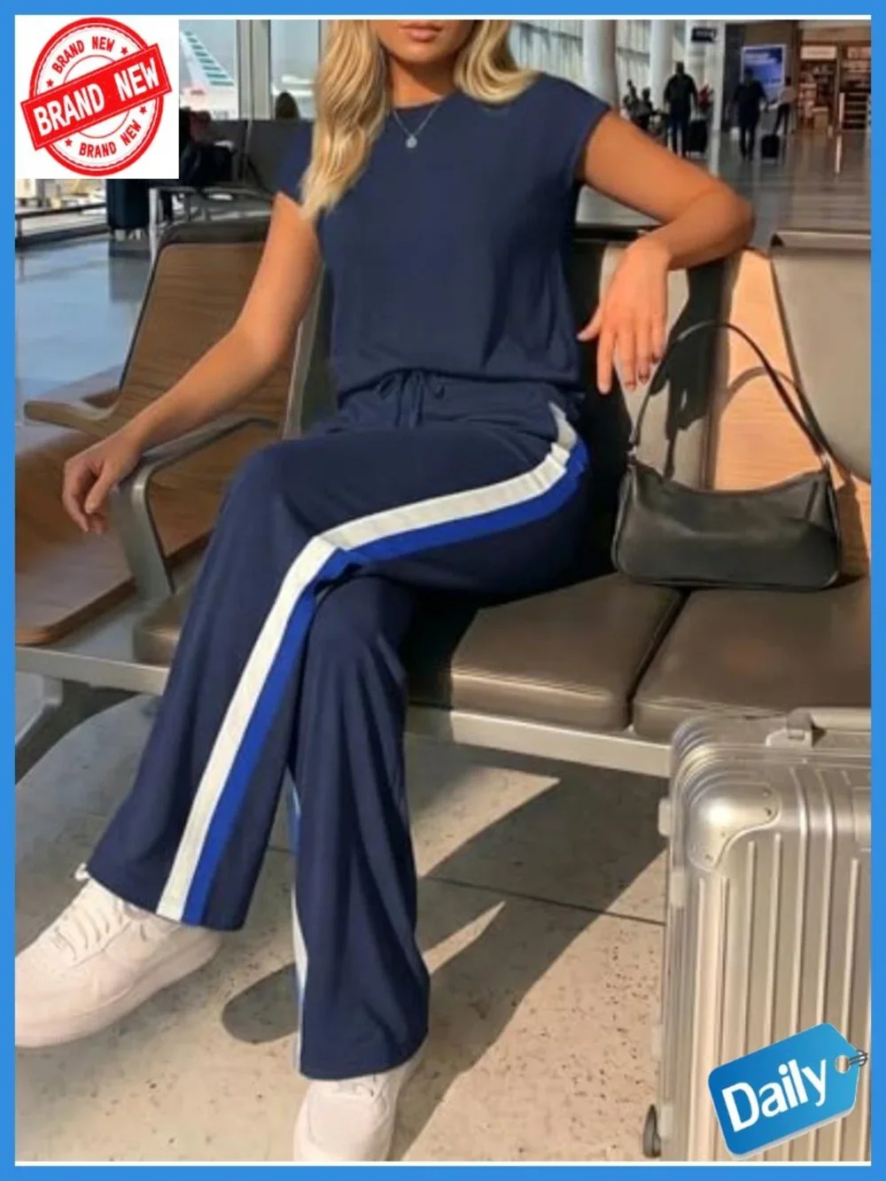 2 Piece Lounge Set for Women – Navy Side Stripe Pants & Cap Sleeve Top